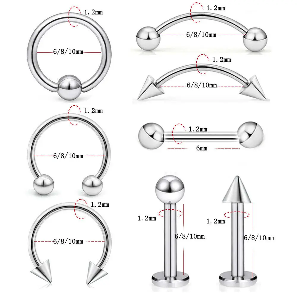 Surgical Steel Piercing Ring Set Eyebrow Lip Nose Hoop Nostril Ear Tongue Piercings Body Jewelry For Women Men 8Pcs/set piercing jewelry,body piercing jewelry,body jewelry