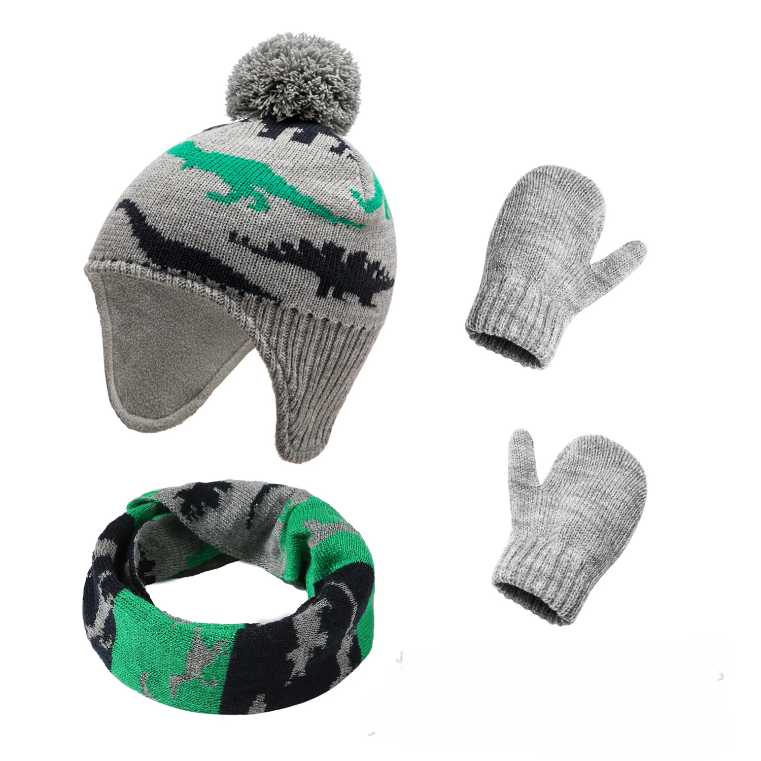 Popular Autumn and Winter Cartoon Cute Dinosaur Hat Bag Cover Children's Knitted Hat Gloves Scarf 3-piece Set