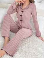 2-Piece Women's Autumn and Winter Pure Color Elegant Bow Women's Simple Long-Sleeved Pants Pajama Set Leisure home clothing