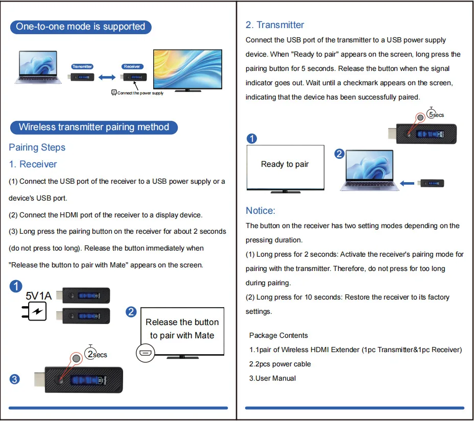 60M 무선 HDMI 송수신기 1080P@60Hz, 5GHz 무선 HDMI 연장 어댑터 (노트북, PC, 휴대폰에서 TV/프로젝터로)