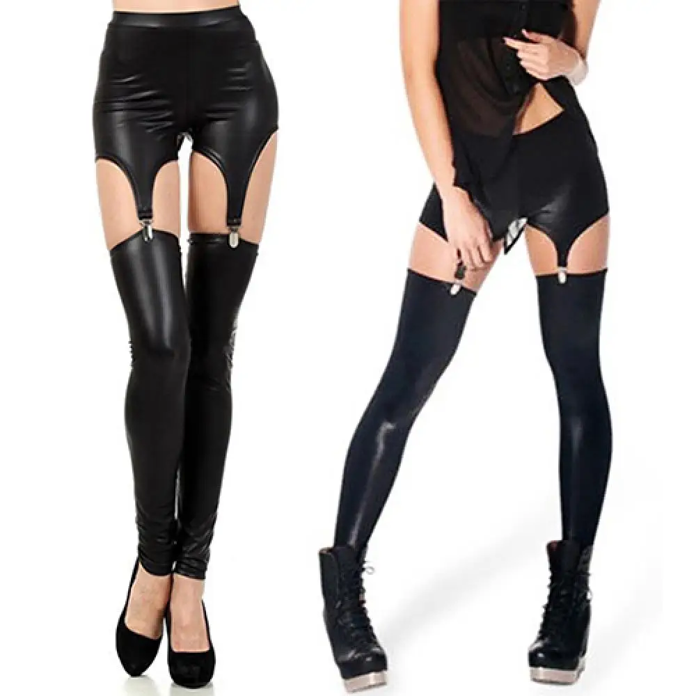 Fashion Women Faux Leather Tight Suspender Leggings Buckle Waist Garter Pants Overknee Stretchy Stockings Punk Gothic Leggings jeans stretchy high waist thicken women tight regular slim jeans for work