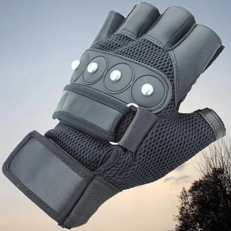 Men's Black Rivet Punk Half Finger Leather Gloves