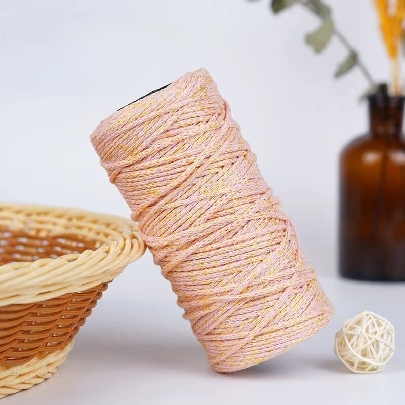 2mm Metallic Gold Hollow Cotton Linen Yarn for DIY Crochet Hats Bags Handmade Crafts Soft and Shiny Round Strand Yarn Thread 6