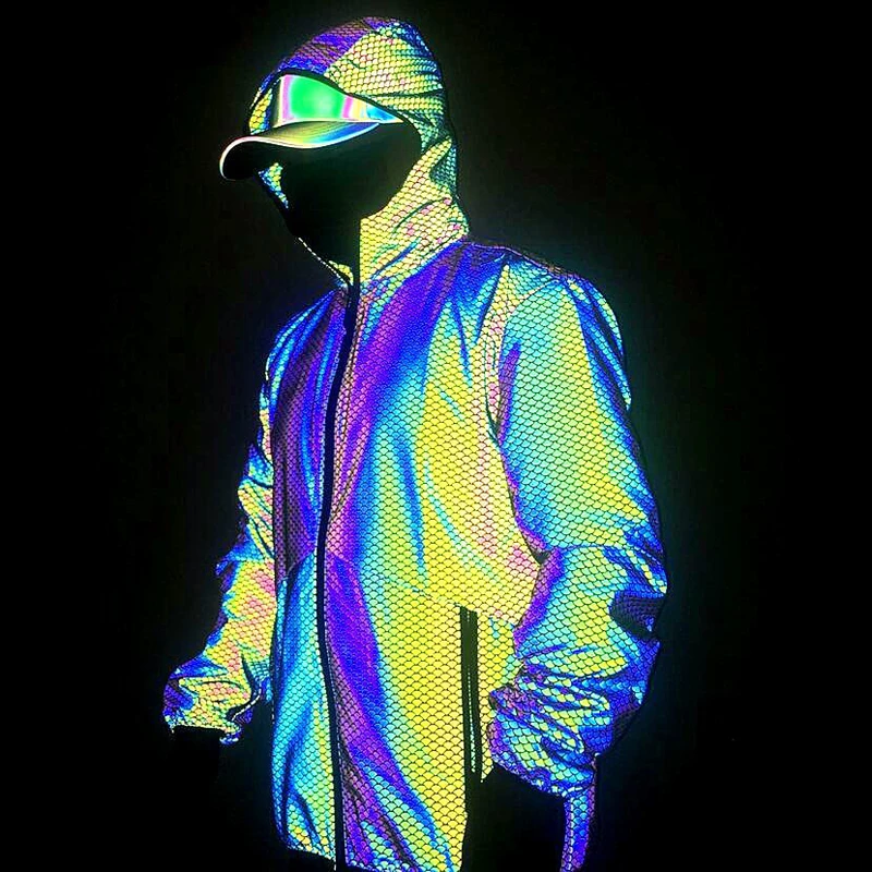 

New Fish Scales Colorful Reflective Hooded Jacket Men Glow Rainbow Fluorescent Clothing for Running Dancing