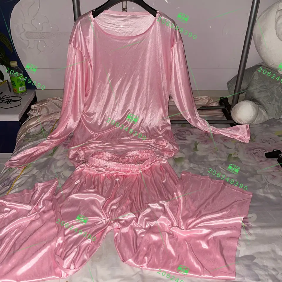 Autumn spring glossy satin pajamas 2 pieces set Long sleeve women silk loose sleeping plus size top pants