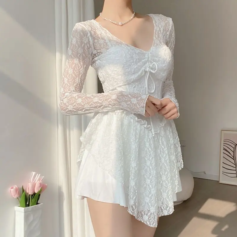 Summer Conjoined Body Long Sleeve Spliced Lace V-Neck Drawstring Sexy Conservative Women's Clothing Slimming Fashion Swimwears