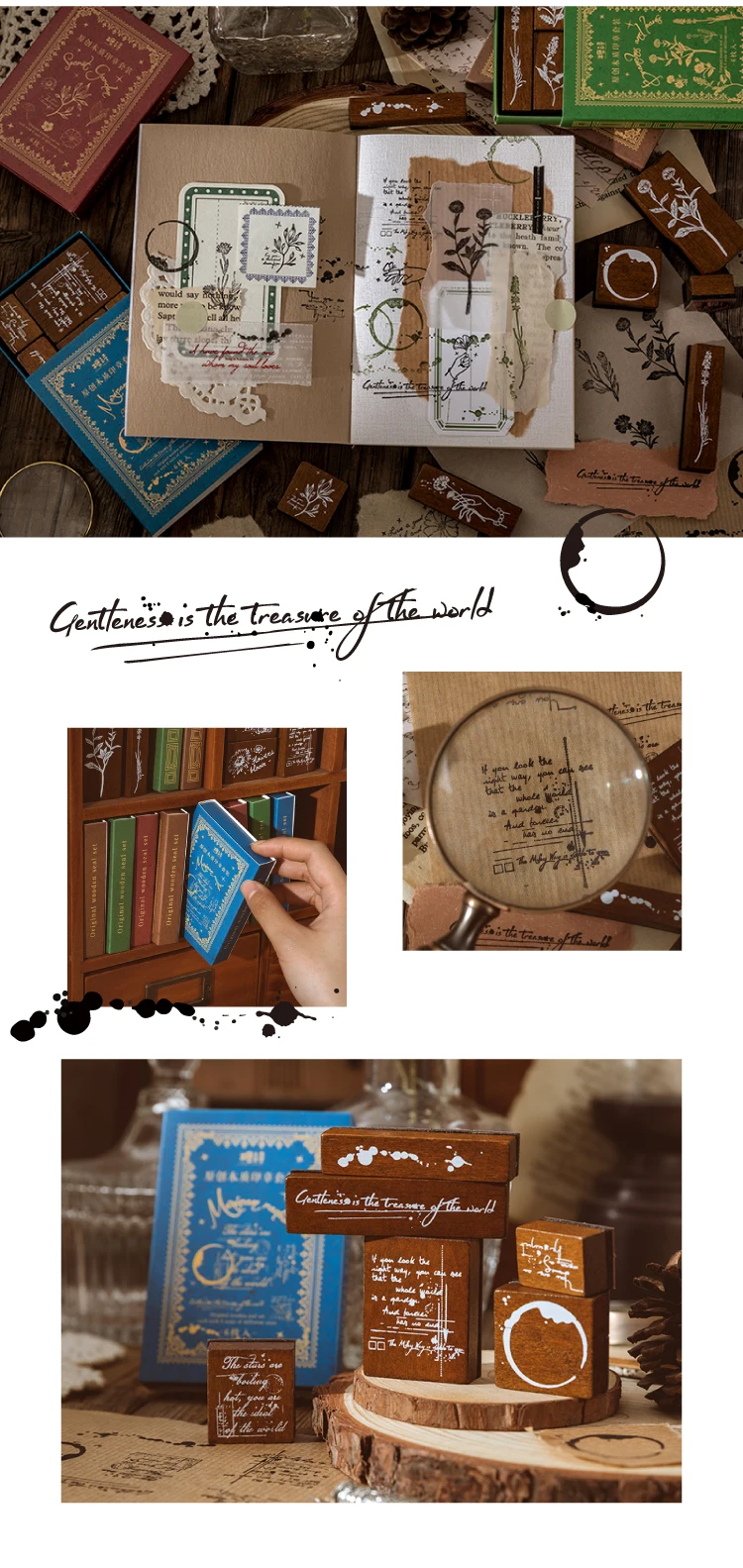 Yoofun 6 Stück/Box Vintage-Stempel mit Blumenpflanzen, Holz-Gummidichtung für Buchstaben, Tagebuch, DIY, Handwerk, Scrapbooking, Kartenherstellung – Detail 6