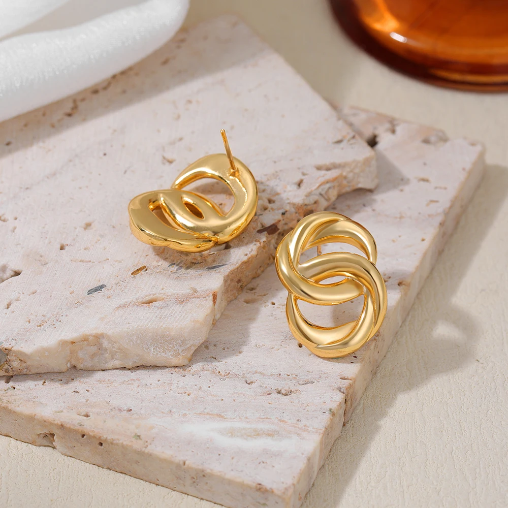 New Interlocking Circle Earrings for Women Gold Color Waterproof PVD Statement Double Round Knot Ear Stud Jewelry Stylish Bijoux