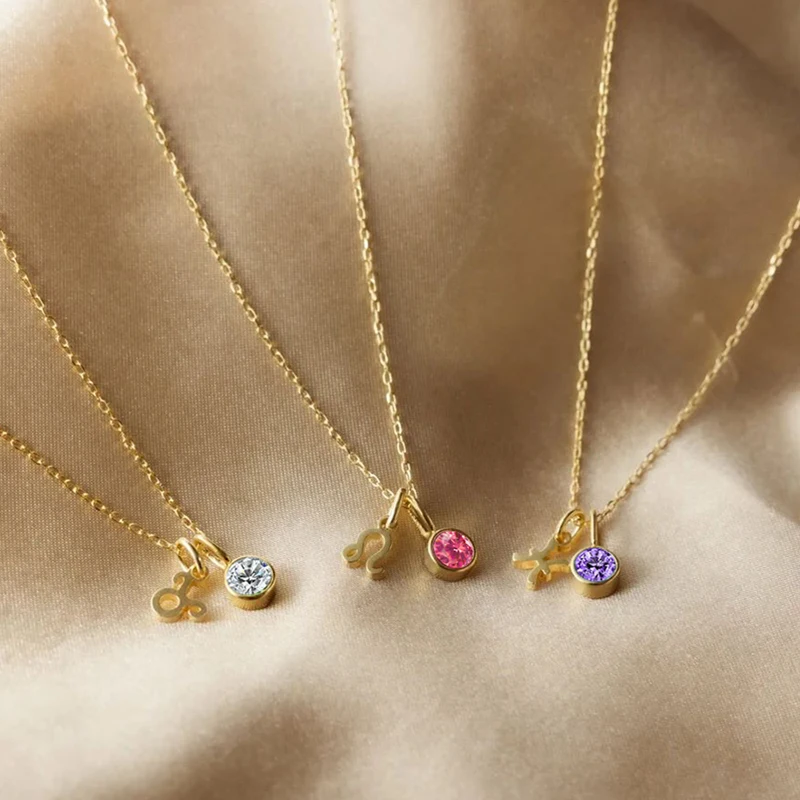 Edelstahl Frauen Birthstone Konstellation 2 Stück Anhänger Halskette 12 Zirkonia DIY Halskette Geburtstag Charms Schmuck 2025 – Detail 6