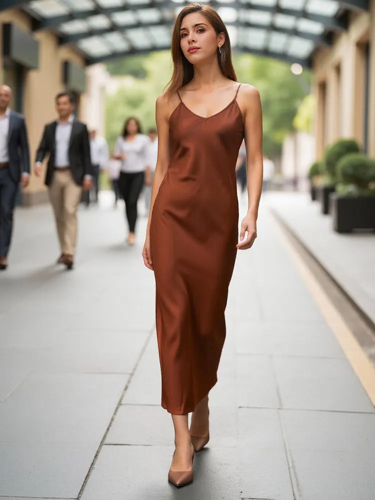 HH Women Elegant Solid Satin Texture Dress Thin Strap Slim Long Dresses 2025 Spring Summer  Sexy Lady Backless Party Dress