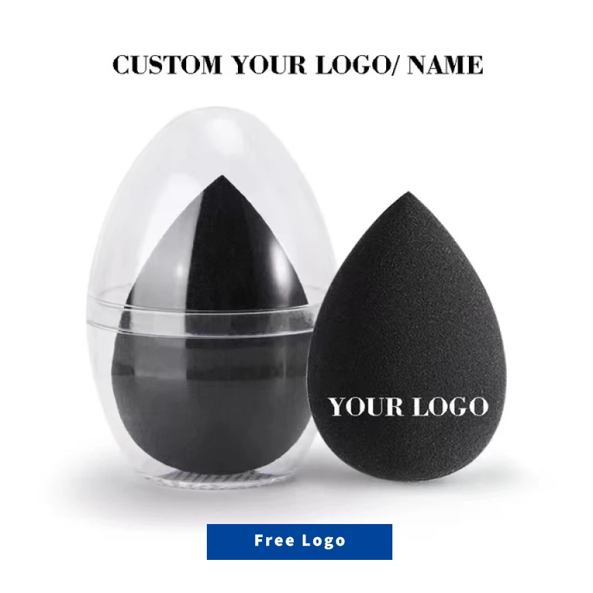 

50pcs Customize Logo Black Sponge with Case Wholesale Latex-free Cosmetic Puff Beauty Make Up Face Care Print Art Label