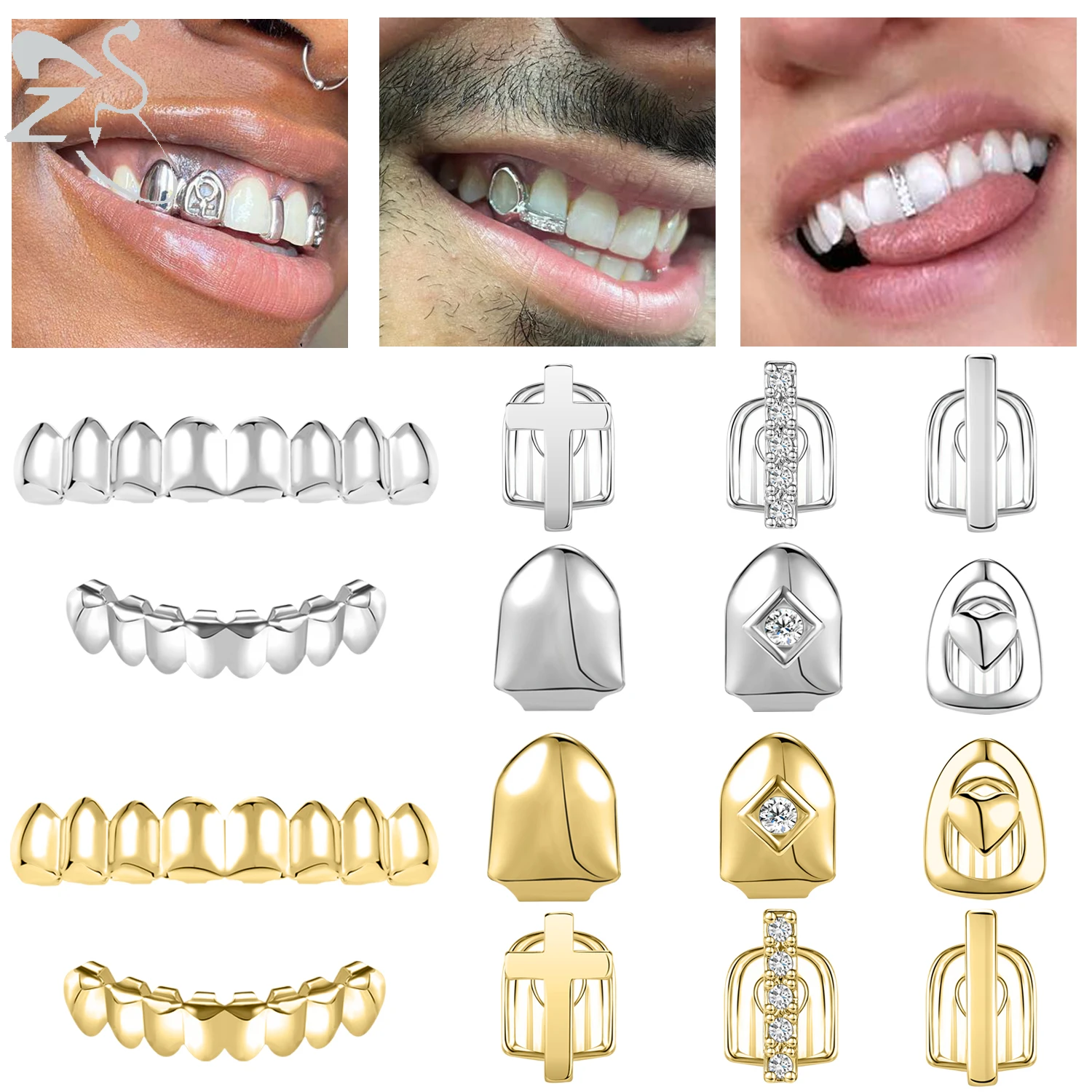 ZS 18K Gold Plated Grillz Teeth Cross Heart Crystal Gold Gap Grillz Hip