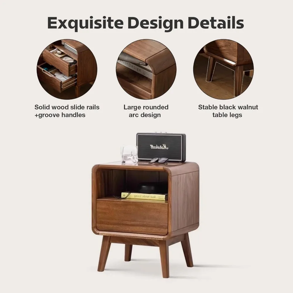 Solid Wood Nightstand Set of 2, Walnut Night Stand with 2 Drawers and Open Storage, Nightstand 3