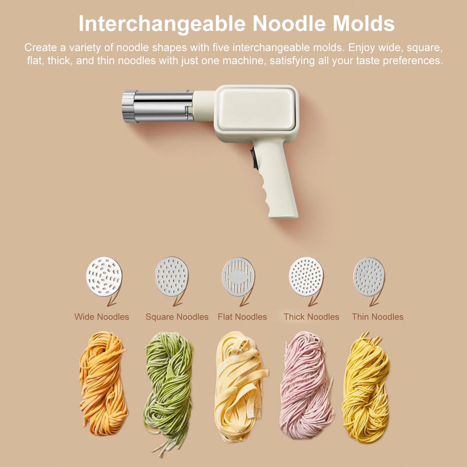 【New】Cordless Handheld Noodle Maker Portable Electric Pasta Machine with 9 Noodle Molds for Homemade Noodles