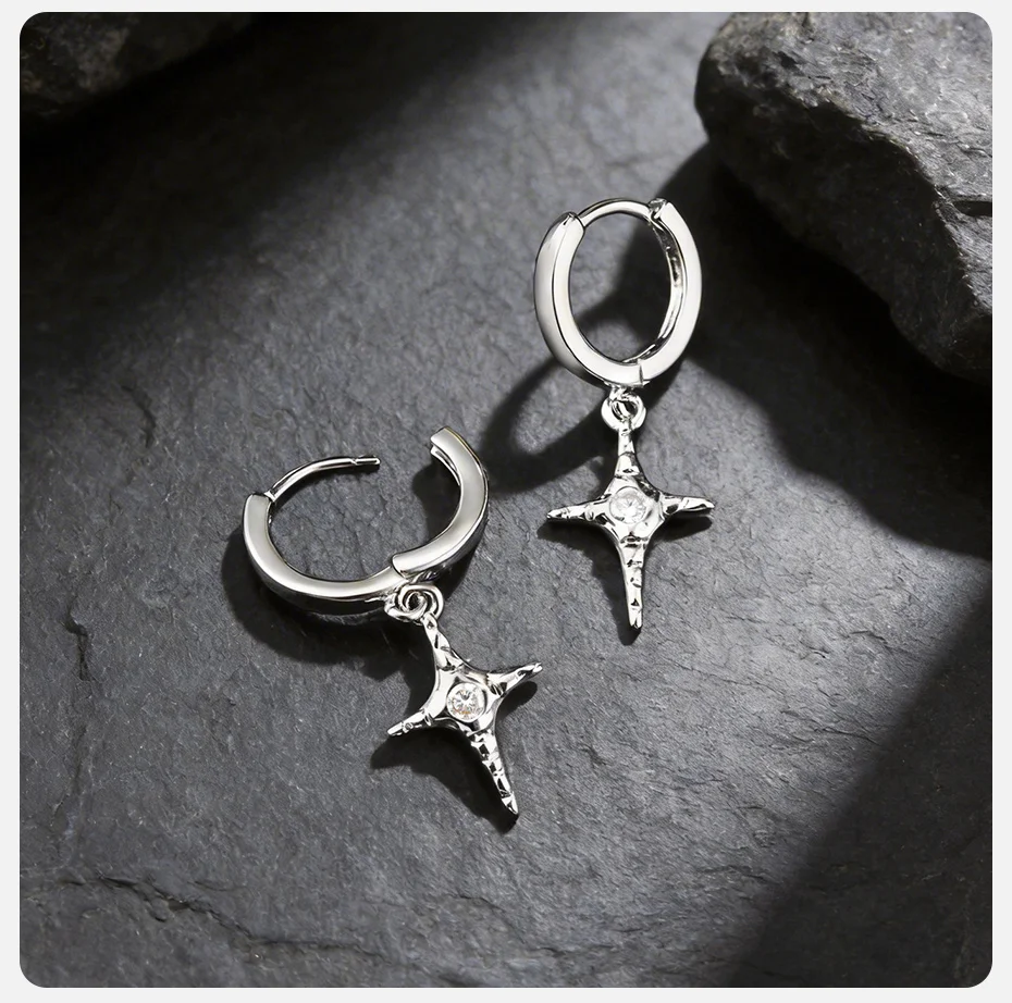 Vnox Zirkon-Kreuz-Stern-Ohrhänger, Silberfarbene Huggies Hoop Dangle Ohrringe für Männer und Frauen, Gothic Punk Hip Hop Schmuck Geschenk – Detail 6