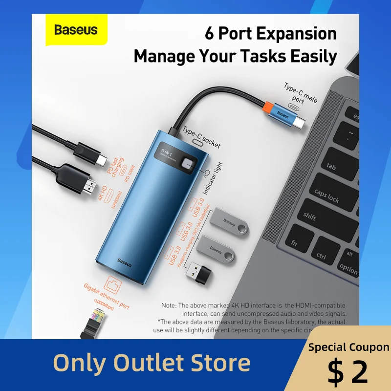 

Baseus USB C HUB Type C To HDMI-compatible USB 3.1 Adapter 6 In 1 HUB Dock MacBook Pro Air Splitter Ethernet RJ45 100W PD Charge