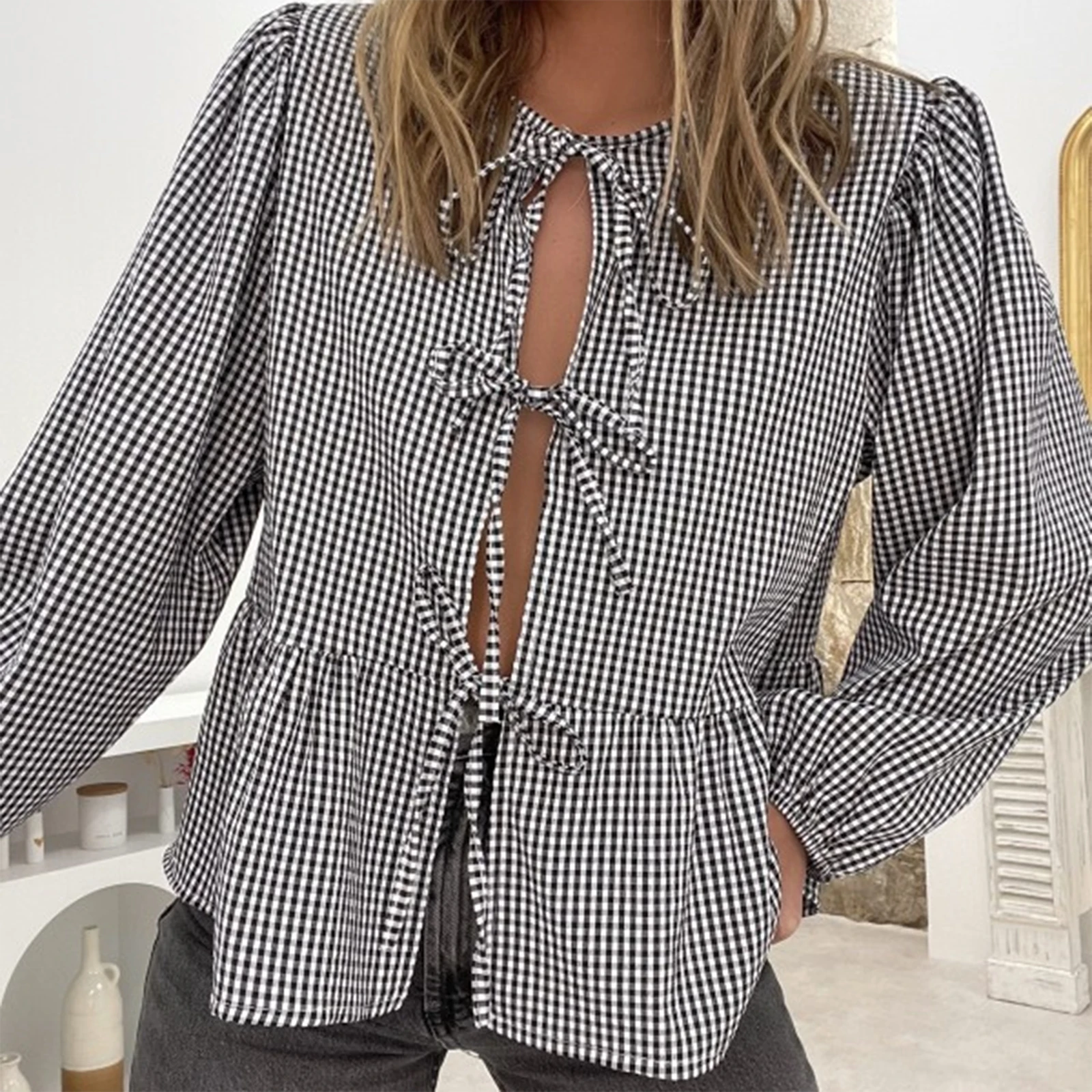 

Plaid Front Three Bowknot Tie-Up Open Front Fashion Casual Sweet Tops Women Early Fall Loose Long Sleeve Shirts Blue/Black
