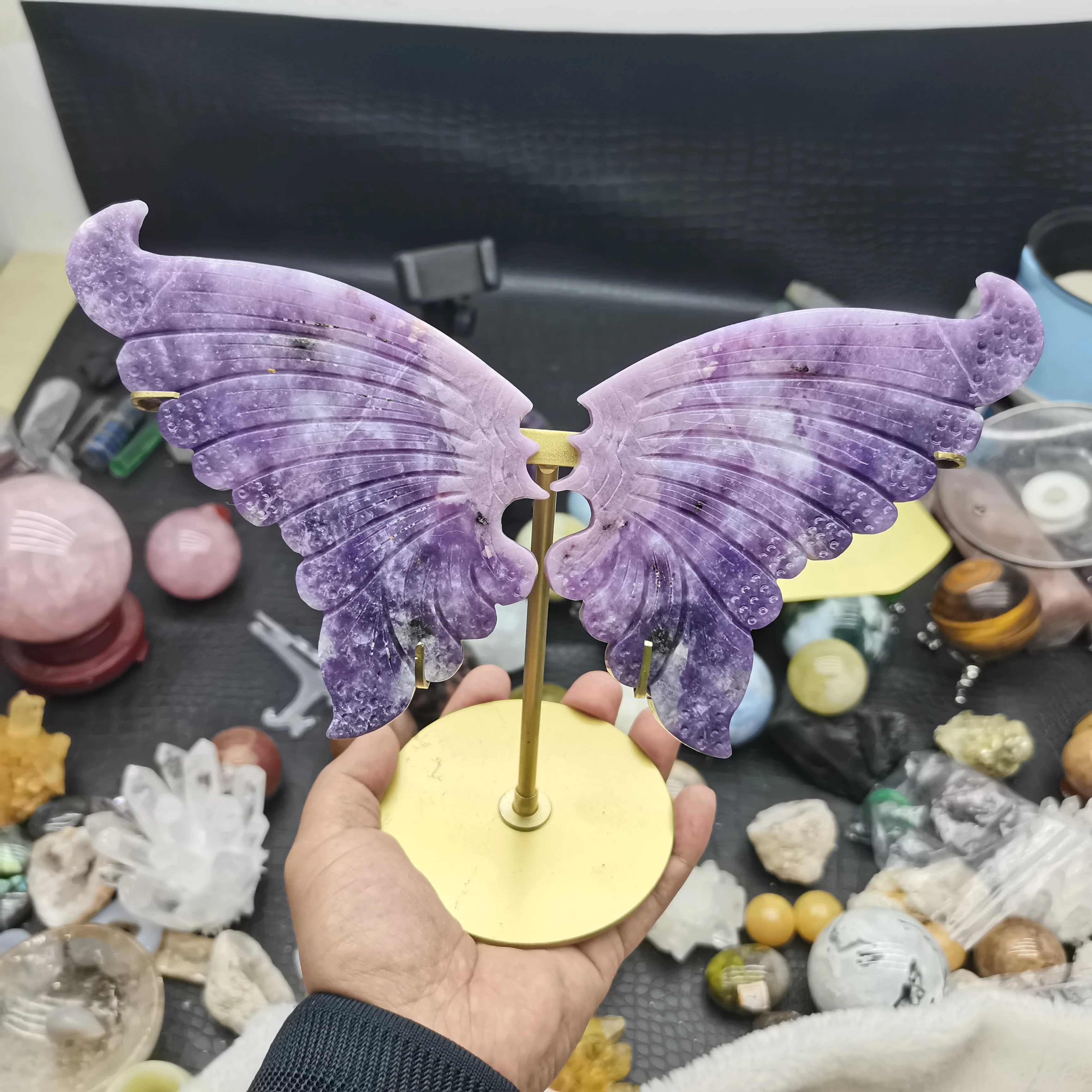 

150mm Natural polished carving crystal wings purple lepidolite butterfly for decoration + base