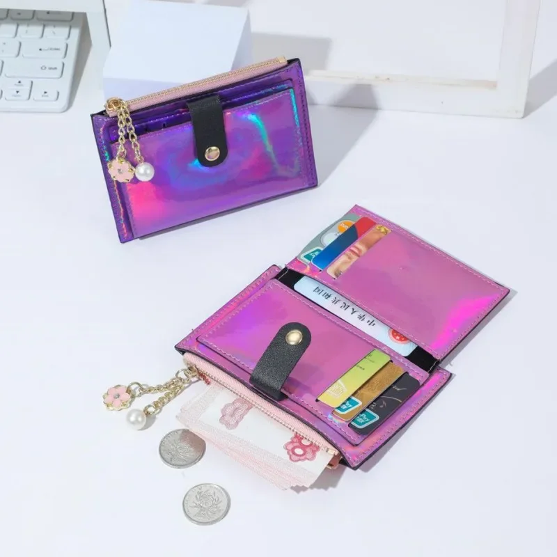 Women Fashion Short Wallet Purse Laser Colorful PU Leather Zero Purse Wallet Credit Card Holder Bags Multi-card Case