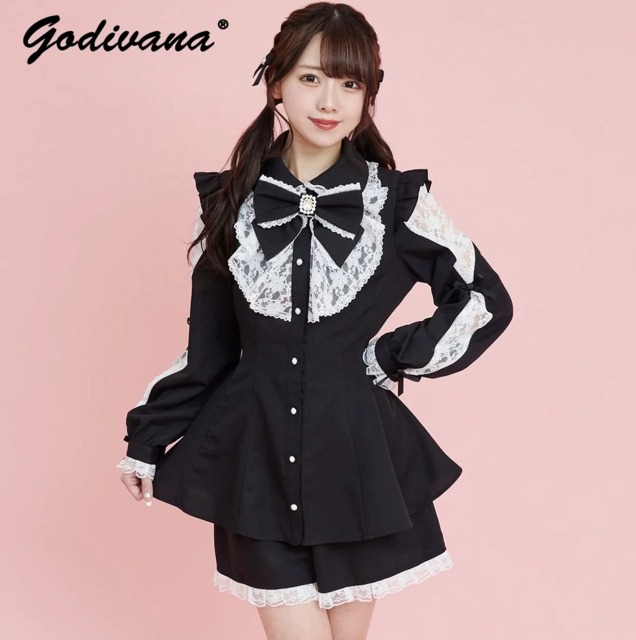 

Japanese New Mine Long Sleeve Sweet Lace Stitching Bow Blouse Dress and Shorts Two-Piece Set Women Girls Lolita SC Suit Outfits
