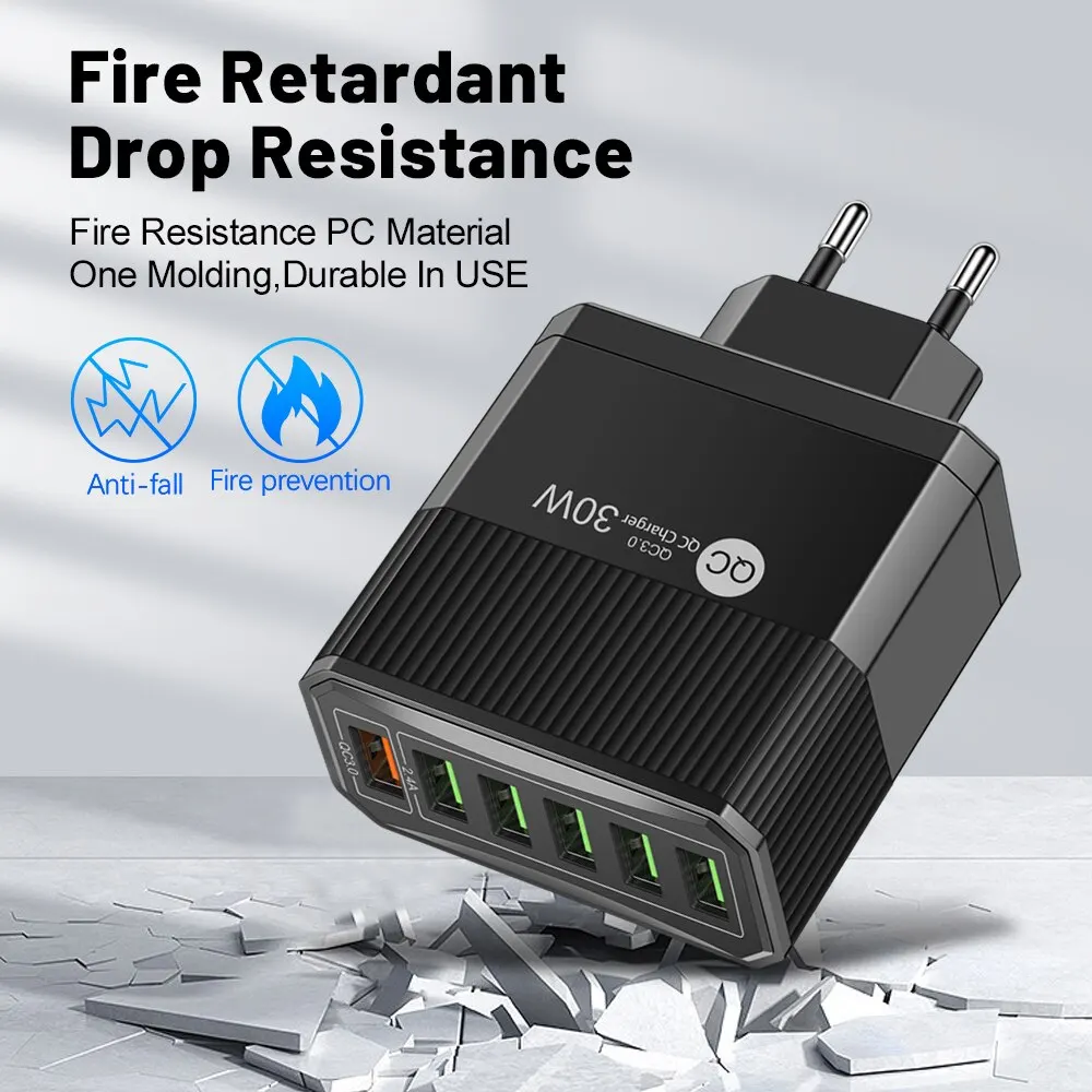 30W USB Charger 6 Ports Fast Charging Phone Travel Charger QC3.0 USB Phone Charger Adapter For iPhone Xiaomi Samsung EU/KR Plug
