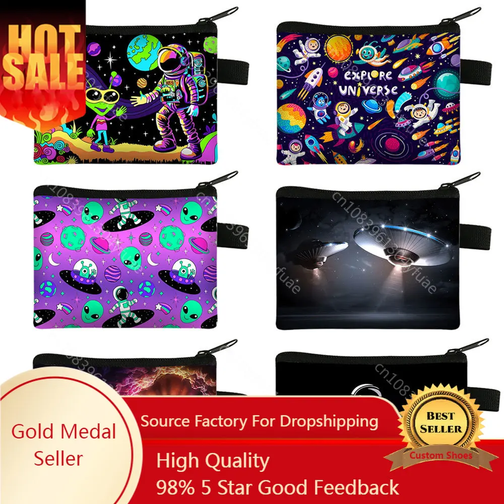 

Alien UFO Print Coin Purse Astronaut Universe Wallet Galaxy Planet Coin Zipper Pouch Cute Credit Card Money Bag Small Wallets