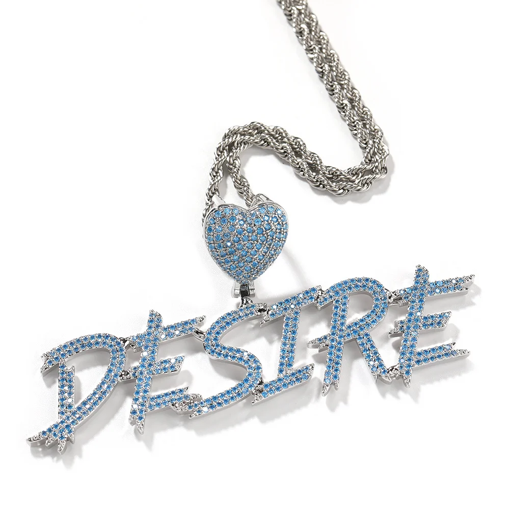 Uwin Custom Letters Necklace Cursive Name Pendant Blue Heart Clasp Iced Out Cubic Zirconia Fashion Jewelry For Christmas Gift
