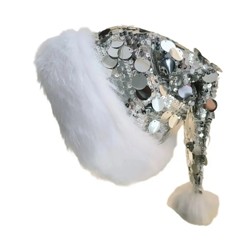 39bd Erwachsene Pailletten Santa Hats Plüsch Weihnachtskappe Glitter Weihnachtskappe für Frauen – Detail 8