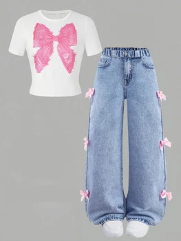 Youthful Girl Summer Bow Print Short Sleeve Bow Tie Jeans Two-Piece Set Comfortable Full Elastic Waistband 1