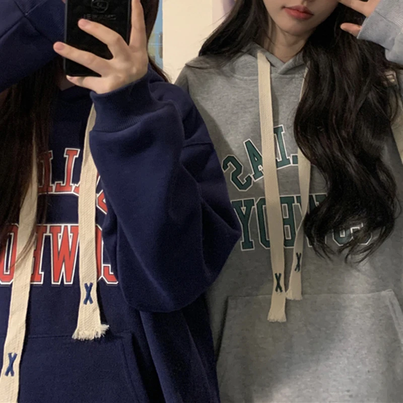 Boring Honey Oversize Pullover Hooded Sweatshirts Loose And Comfortable Winter Letter Retro Fashion Women Blouses Hoodies Tops