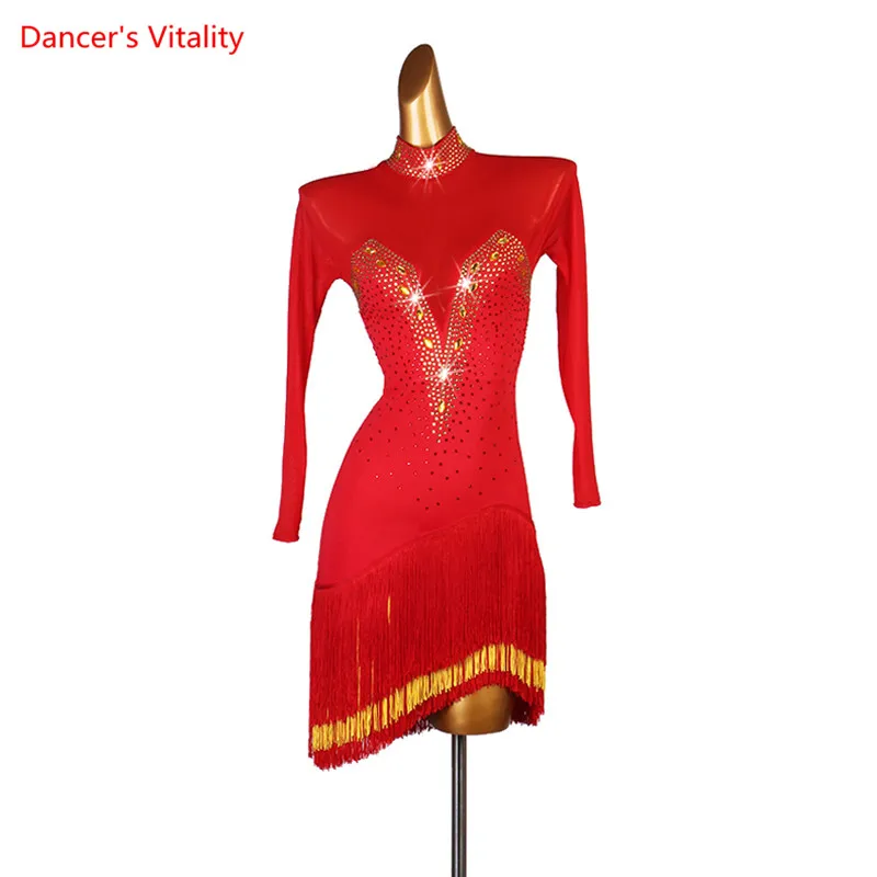 

Latin Dance Female adult High-end Rhinestones Dress Competition Clothes New Child Professional Custom Tassel Performance Skirt