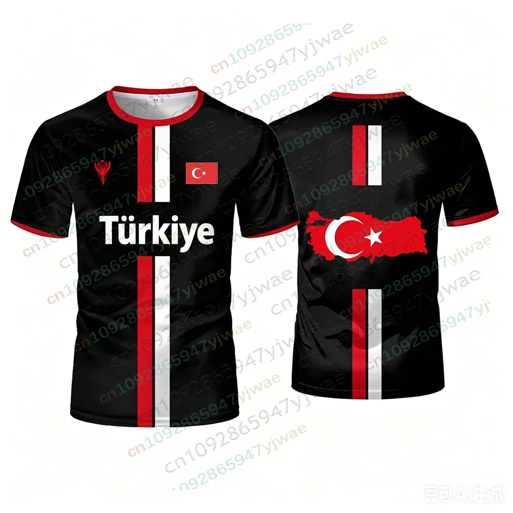 Maglia da Calcio della Turchia Traspirante ad Asciugatura Rapida, T-shirt Sportiva a Maniche Corte con Bandiera Turca Stampata in 3D, Moda Casual per Uomo