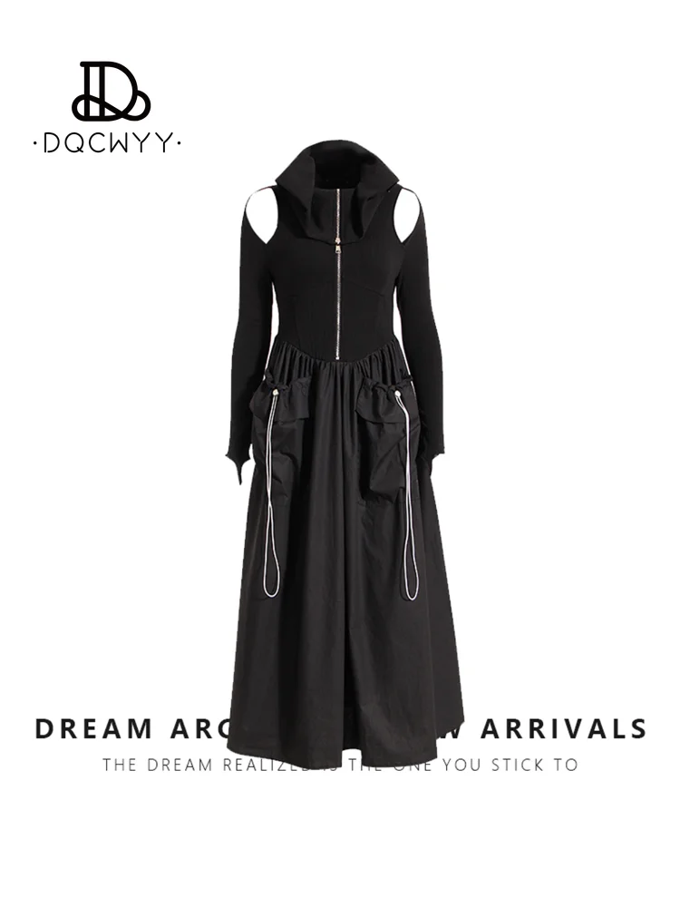 

Dress for Women Designer Style Spring /Autumn High Waist Slim Fit Flip Neck Pleated Pocket Knitted Panel Lace Up Long Dresses