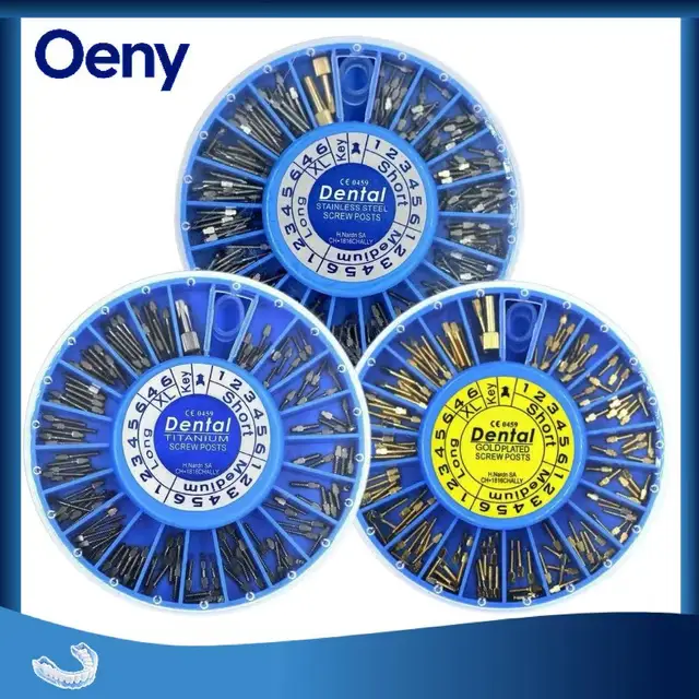 สกรูโพสต์สำหรับงานทันตกรรม 120 ชิ้น/กล่อง สกรูโพสต์สแตนเลสชุบทอง สำหรับร้อยรากฟัน อุปกรณ์ทันตแพทย์ วัสดุทันตกรรม 1
