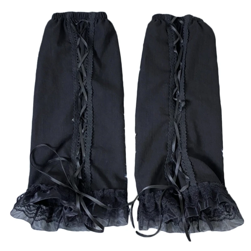 

MXMB Women Girl Gothic Punk Black Leg Warmers Harajuku Lace-Up Bandage Calf Socks Ruffled Lace Foot Cover