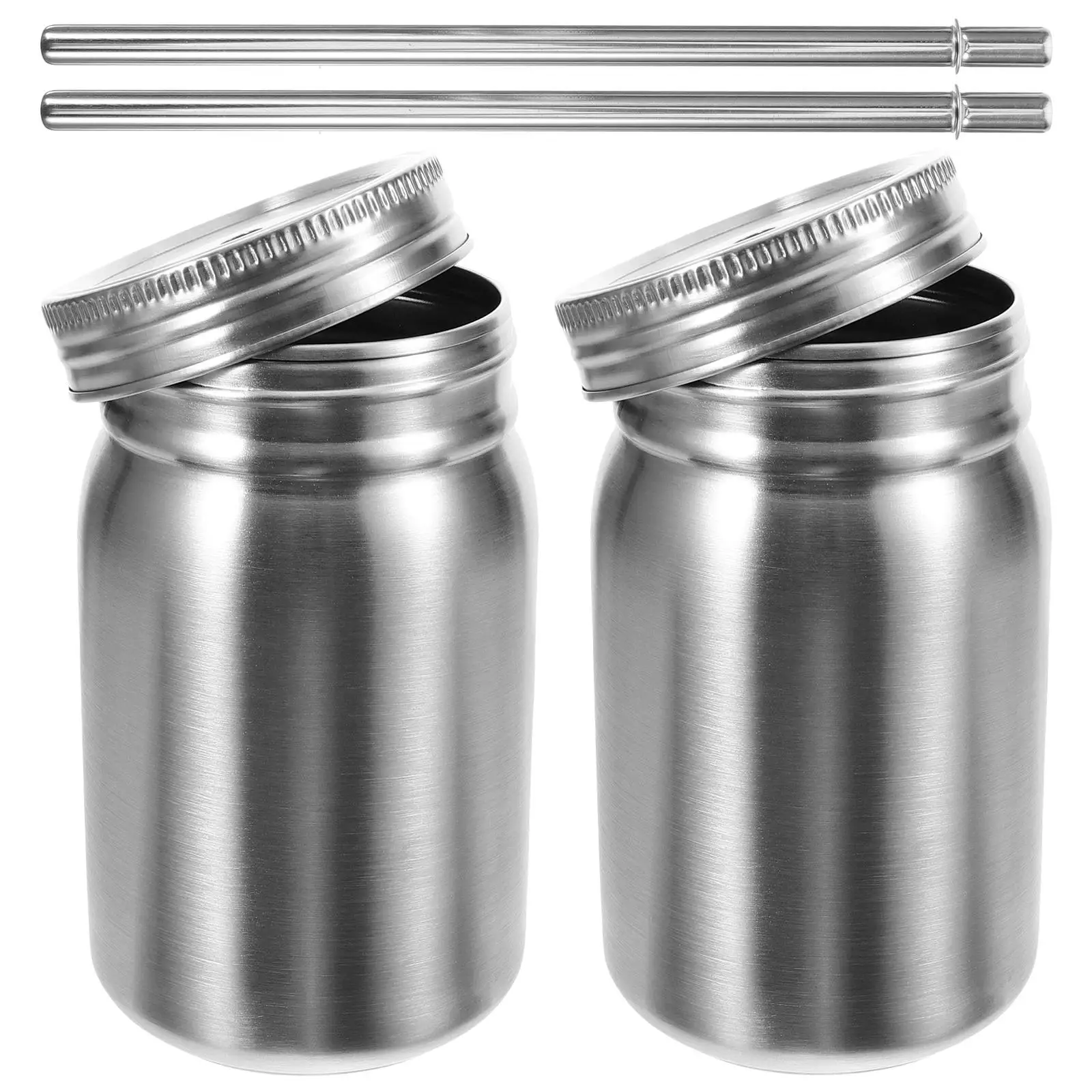 2 Pcs Stainless Steel Cup Jar with Handle Soda Can Tumbler Iced Coffee Straw Leak-proof Drinking Mugs Frothing Drinkware