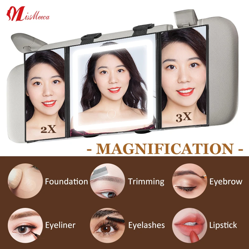 Car Sun Visor Makeup Mirror with LED Light USB Charging Trifold Vanity Mirror for Women, Portable Auto Interior Cosmetic
