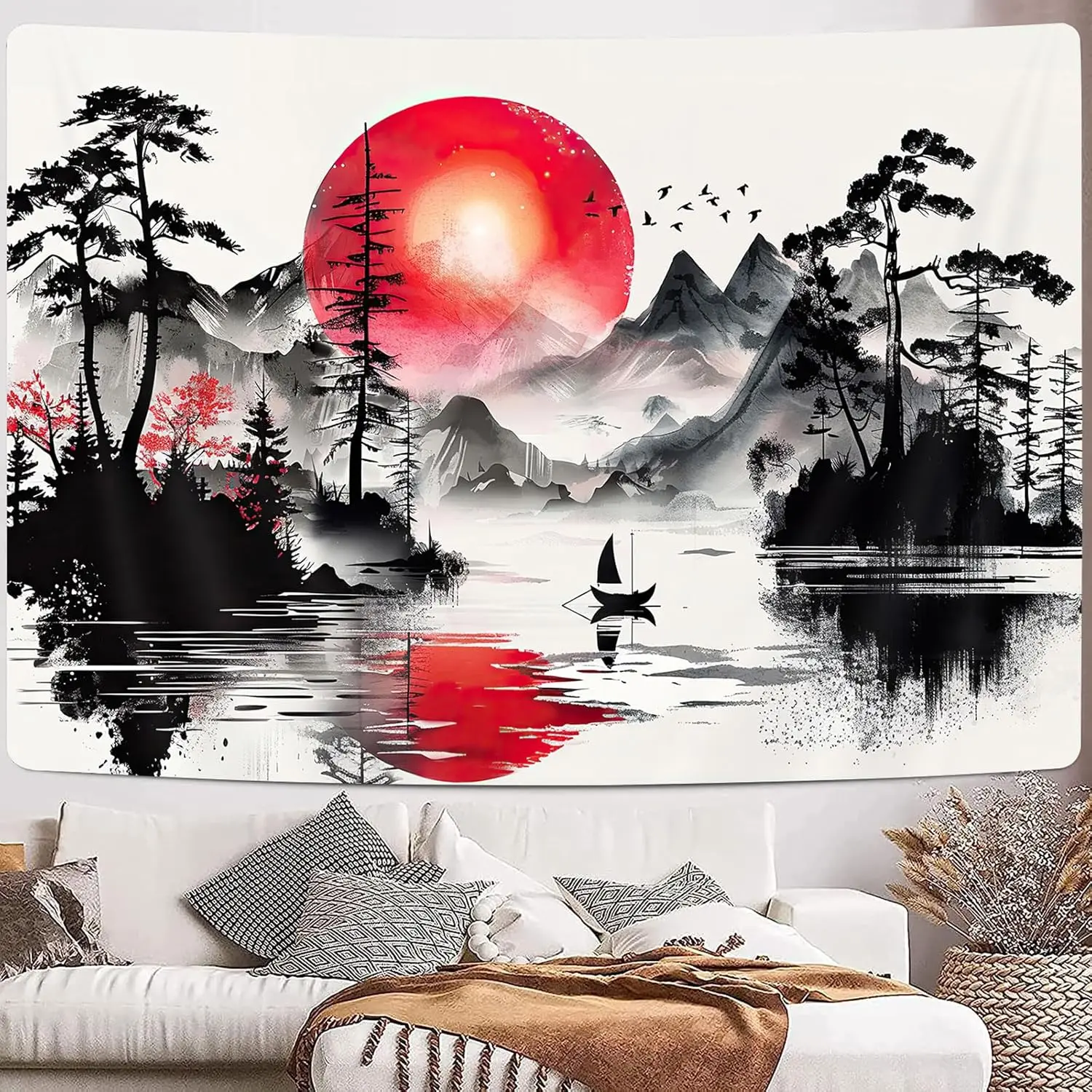 Red Black Forest Tapestry Anime Mountain Tree Sun Beautiful Tapestry Wall Hanging Living Room University Dormitory Decoration