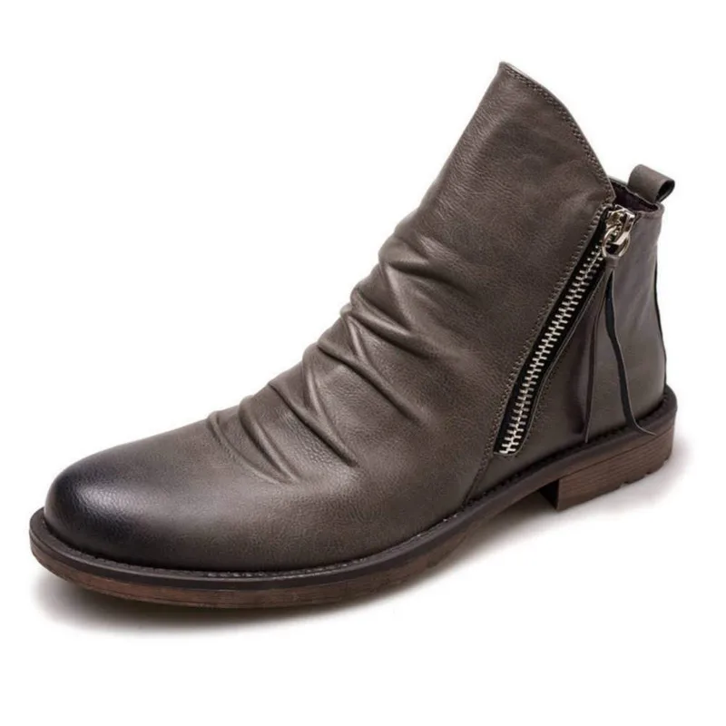 Men Leather Boots Fashion High-top Tassel Zip PU Leather Shoes Autumn Winter Ankle Boots Men Plus Size 48