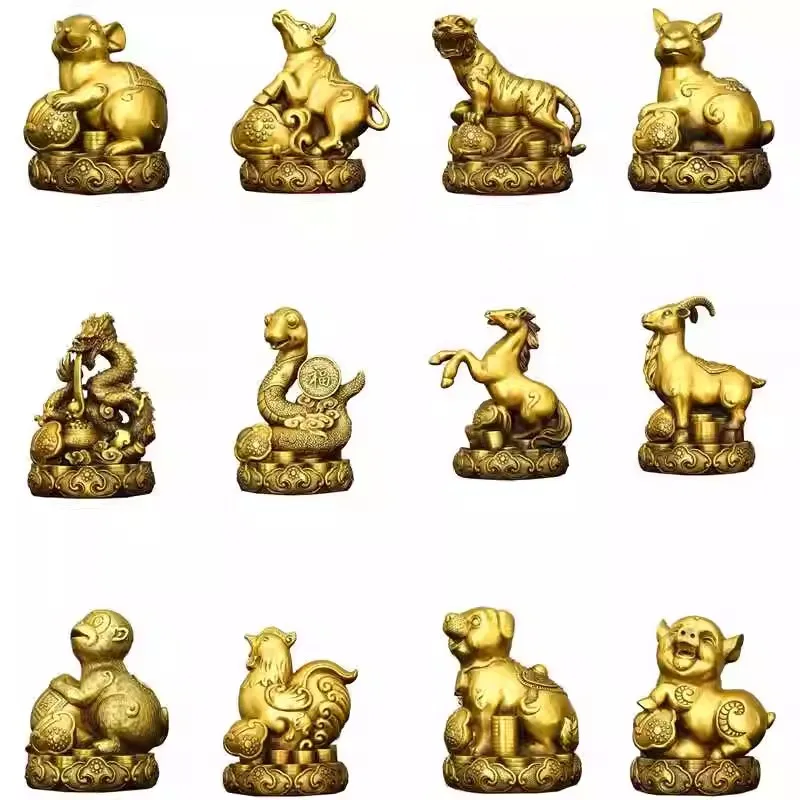 12 Chinese Zodiac Animal Figurines Set Pure Copper Rat, Ox, Tiger, Rabbit, Dragon, Snake, Horse, Goat, Monkey, Rooster, Dog,Pig