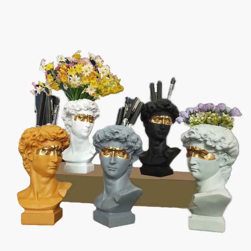 Golden Eye David Head Resin Statue,Dried Flower Fresh Flowers Vase,Makeup Brush Pen Storage Ornaments,Home Decoration Flower Pot 6