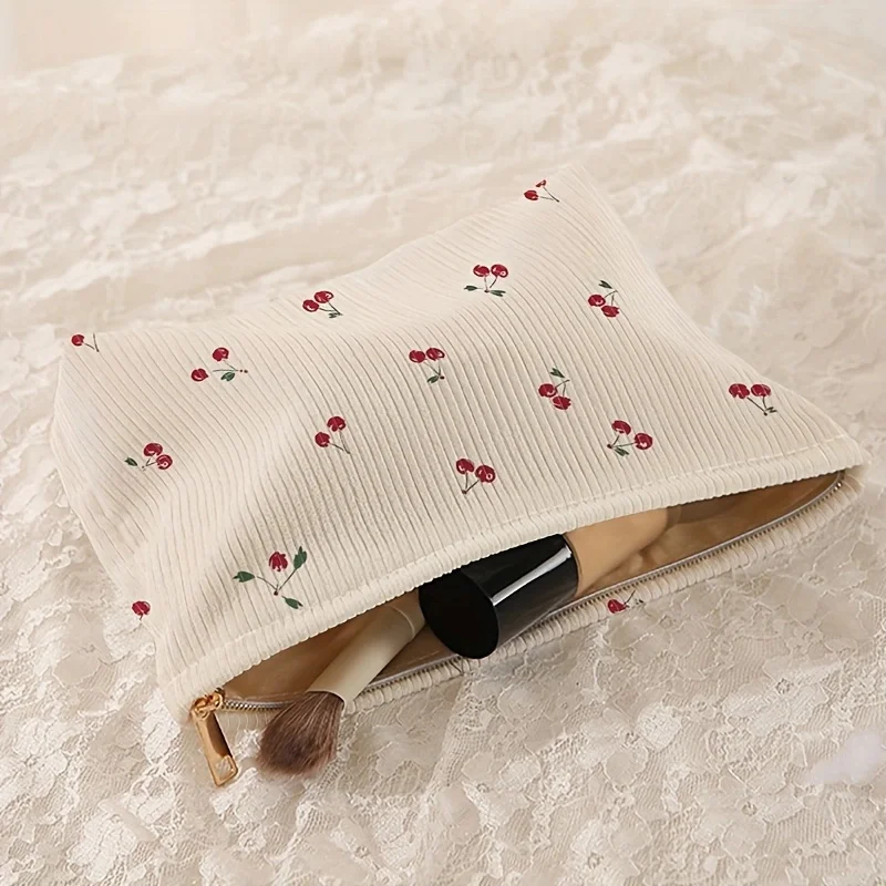 Cherry printed corduroy makeup bag, lightweight zipper makeup storage box, multifunctional bag with lining 5