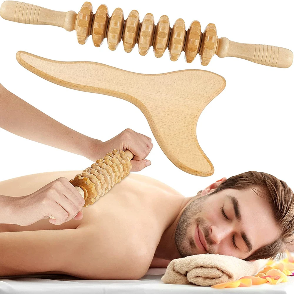 2Pcs Wood Massage Tools Manual Wooden Fascia Massager Handheld Gua Sha Board for Release Cellulite Lymphatic Drainage