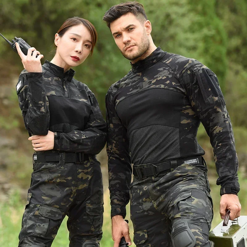 Tactical Shirts Men Long Sleeve Tops Combat Shirt Camo 1/4 Zipper Ripstop Elasticity Military Hiking T-shirts Hunting Clothes