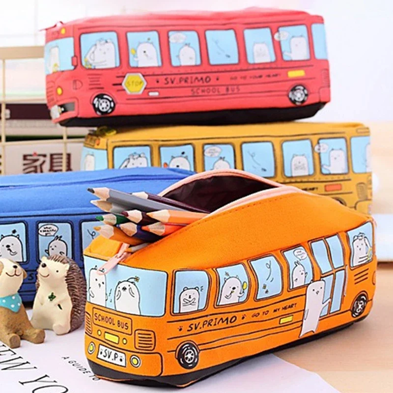 Cartoon Bus Pencil Bag Canvas Large Capacity Car Zipper Pen Pencilcase for Student Stationery School Supplies