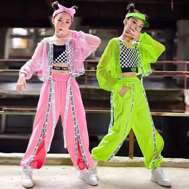 Hip Hop Costume Jazz Dance Clothes For Girls Bandage Tops Pink Camouflage  Pants Kids Kpop Concert Performance Stage Wear size 120CM Color 3pcs