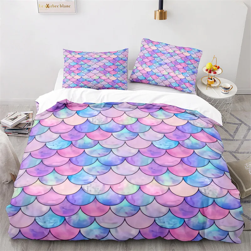 Colorful Fish Scales Bedding Set For Kids Girl Blue Pink Mermaid Skin Surface Print Duvet Cover With Pillowcases Bedroom Decor 