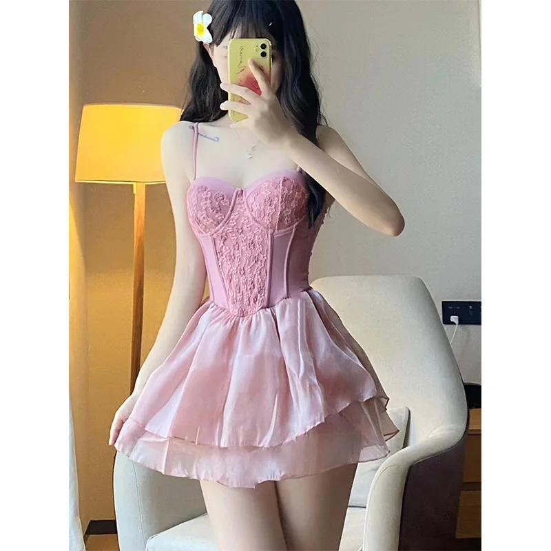 

wisuwore 2023 Korean Swimsuit Women One Piece Sweet Swimwear High-Waist Solid Pink Braces Skirt Hot Spring Swimsuit Bubble Skirt