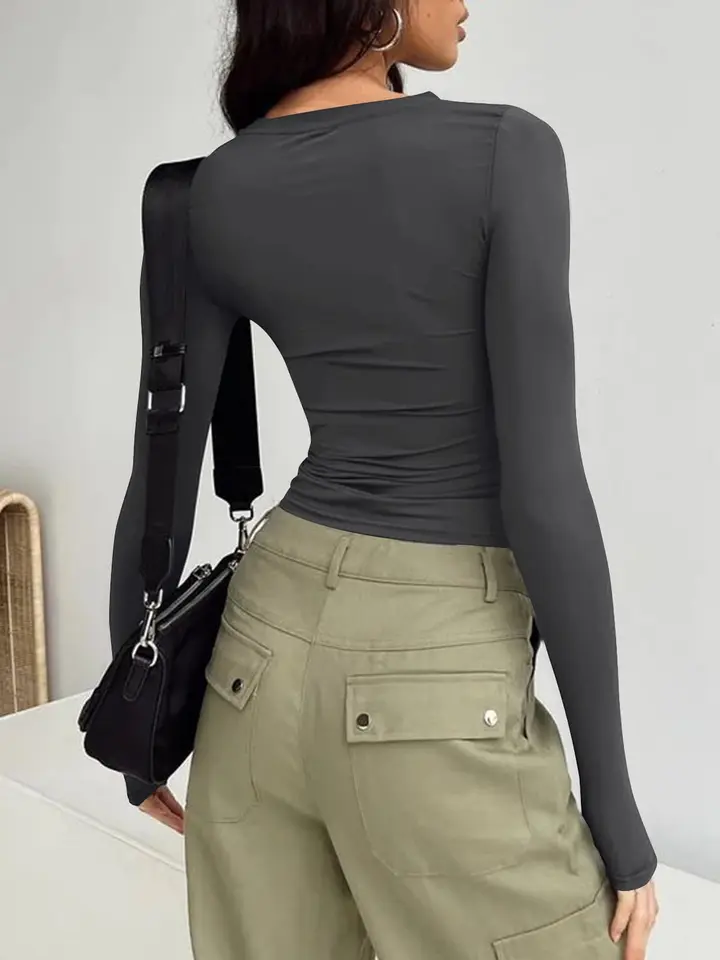 Camicia Donna Maniche Lunghe Basic Crop Top Slim Fit Girocollo Y2K - T-shirt Aderente Morbida