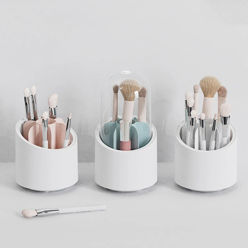 360 Rotating Makeup Brush Holder with Transparent Lid Eyebrow Pencil Eyeliner Organizer Plastic Dust-proof Desktop Lipstick Box